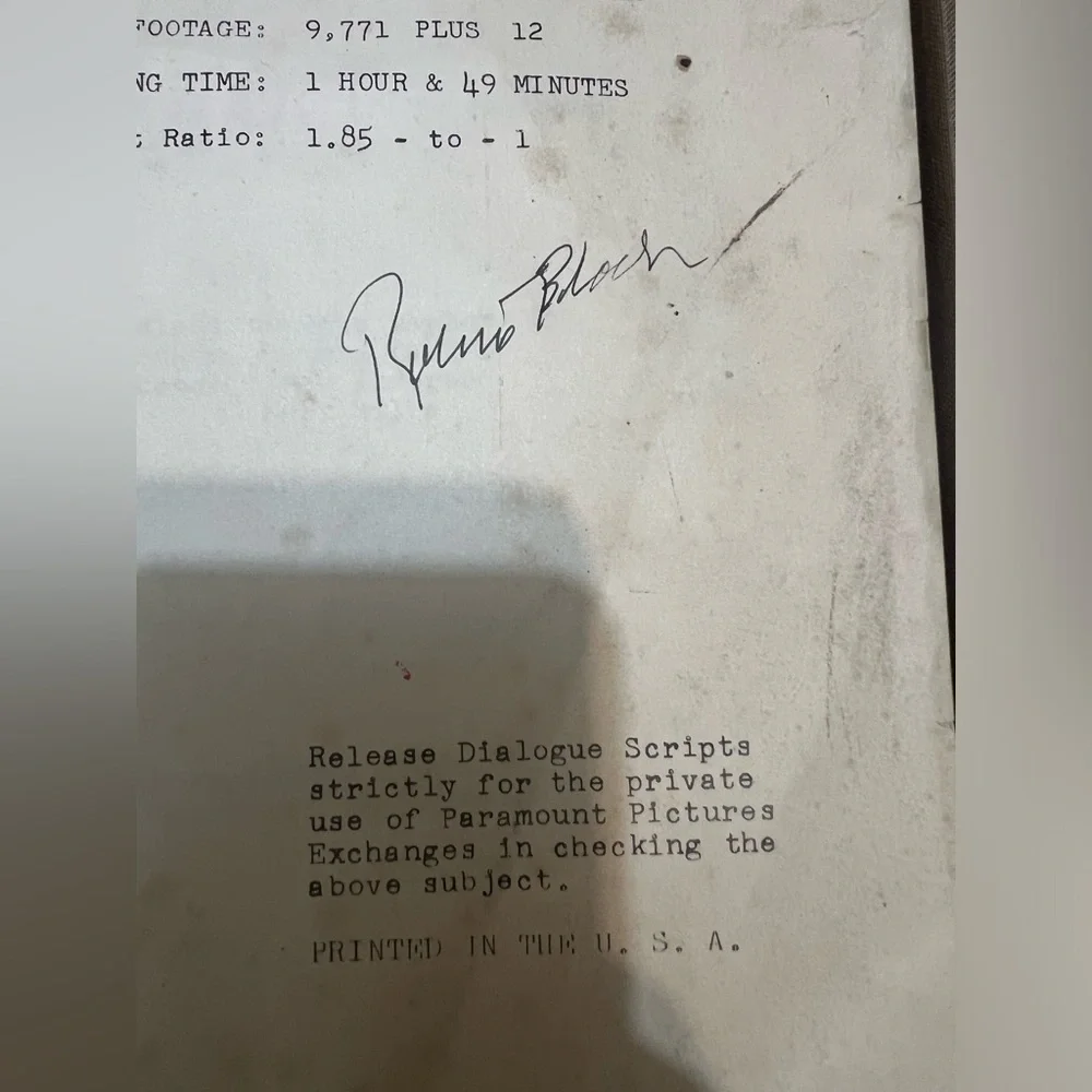 ❌SOLD❌Original Psycho Dialogue Movie Script Signed By Book Author Robert Bloch - Picture 7 of 14